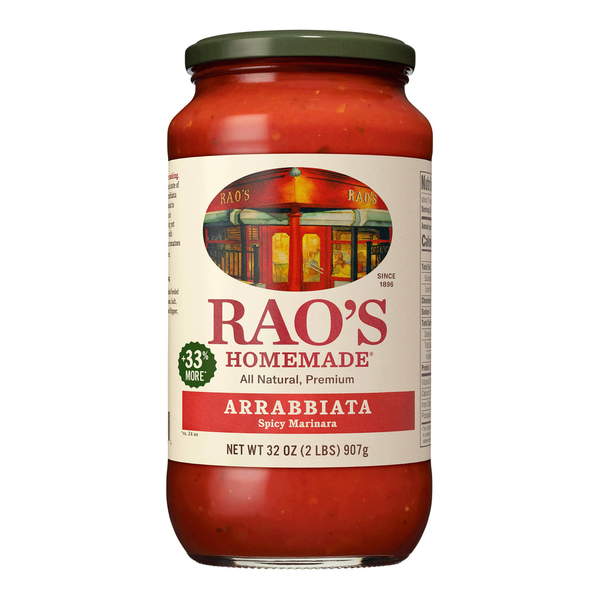 Rao's Homemade Arrabbiata sauce jar shows premium Italian tomatoes for rich flavor.