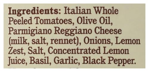 Rao's Lemon Marinara sauce ingredients panel highlights tomatoes and olive oil for wholesome meals.