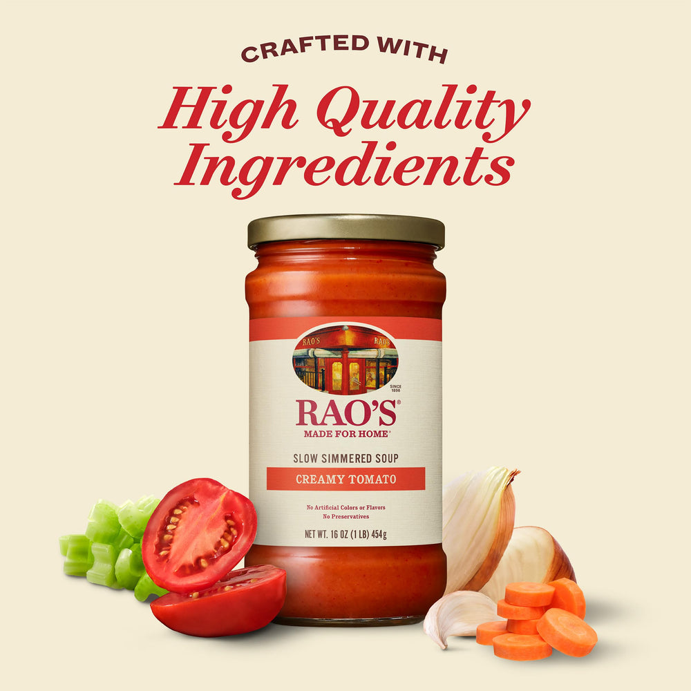Rao's Made for Home Creamy Tomato Soup ingredients close-up highlighting premium produce