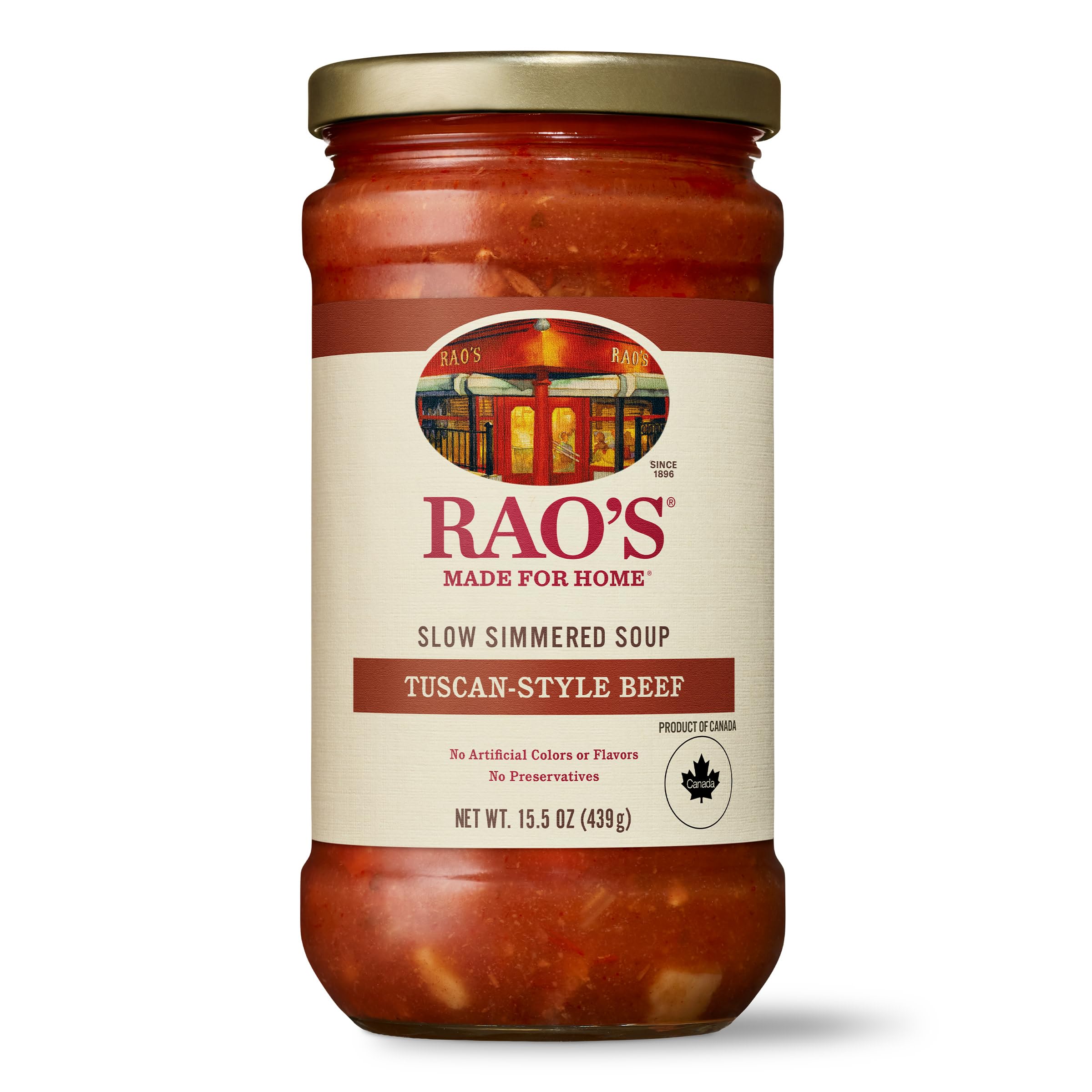 Raos Homemade Tuscan Beef Soup 16oz front view highlights premium ingredients for quick dinners.