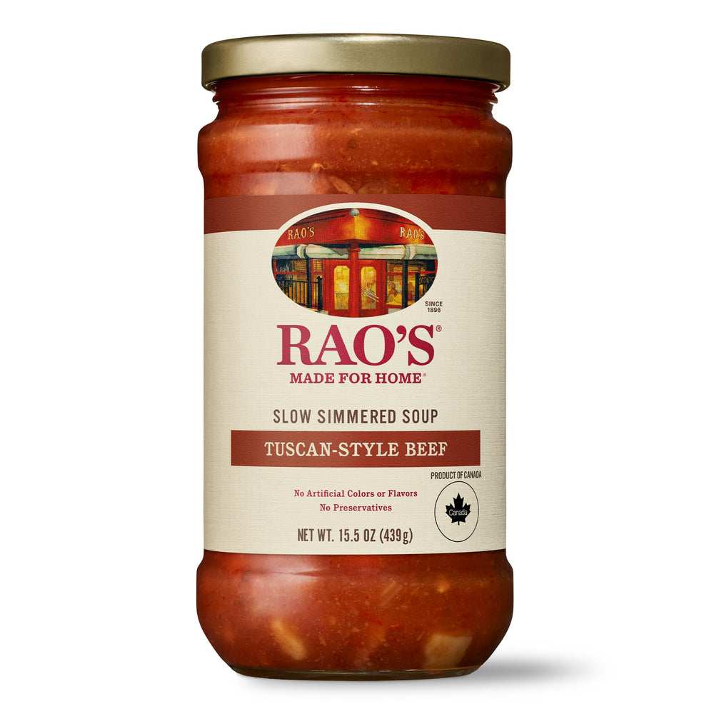 Raos Homemade Tuscan Beef Soup 16oz front view highlights premium ingredients for quick dinners.