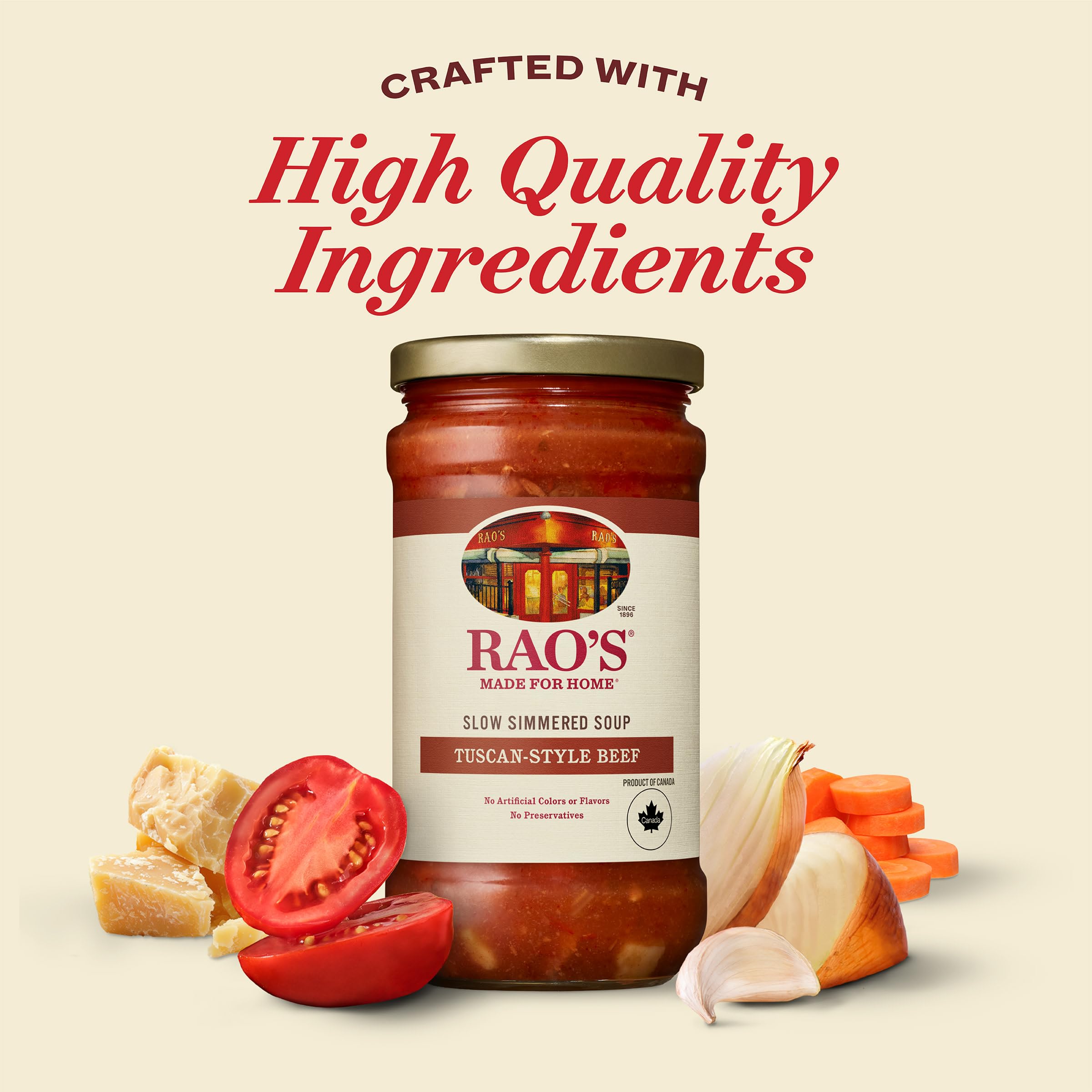 Raos Homemade Tuscan Beef Soup Italian tomatoes and flavors showcased.