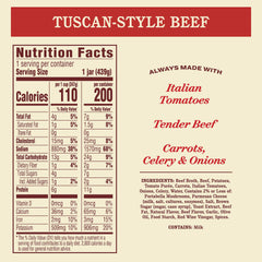 Raos Homemade Tuscan Beef Soup vegetable blend close-up for wholesome savor.