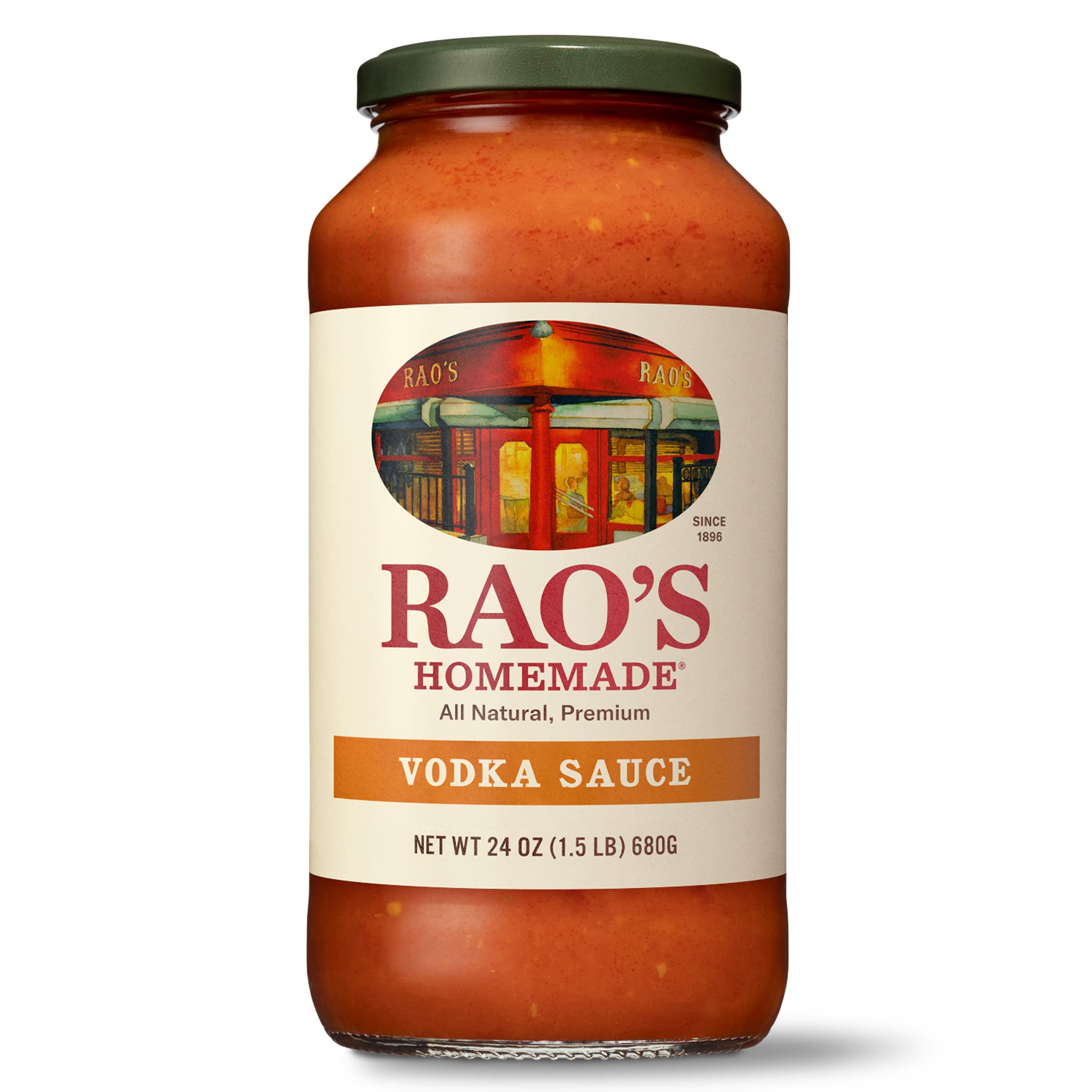 Rao's Homemade Vodka Sauce jar on shelf highlights premium ingredients