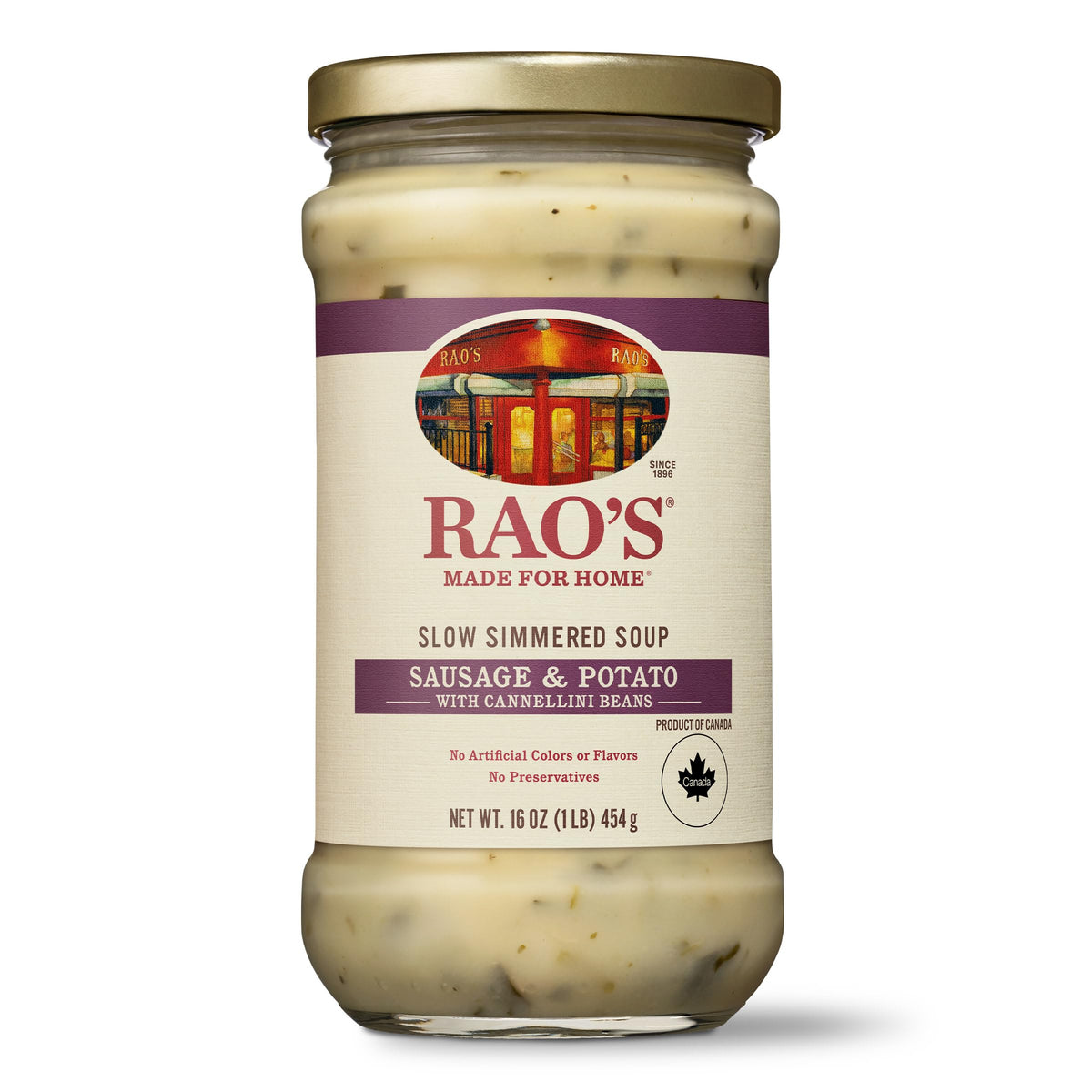Rao's Made for Home Sausage & Potato Soup jar, ready to heat in minutes.