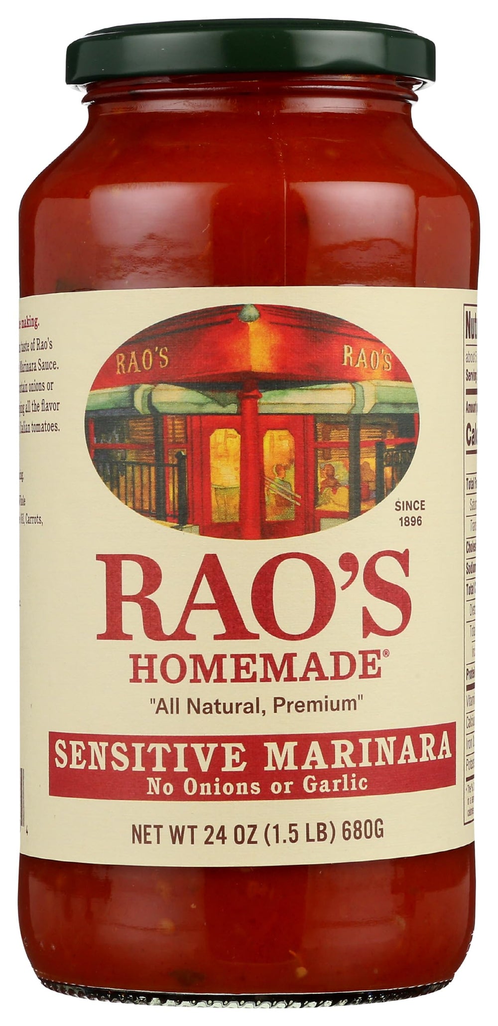 Rao's Sensitive Marinara jar close-up showing rich tomatoes and olive oil for keto meals