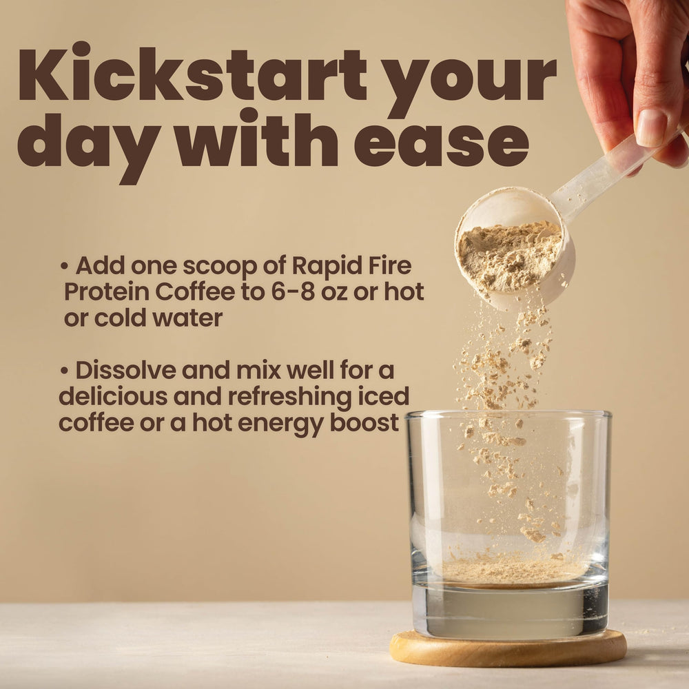 Rapid Fire Protein Coffee Hazelnut cozy mug with scoop promotes mindful consumption.