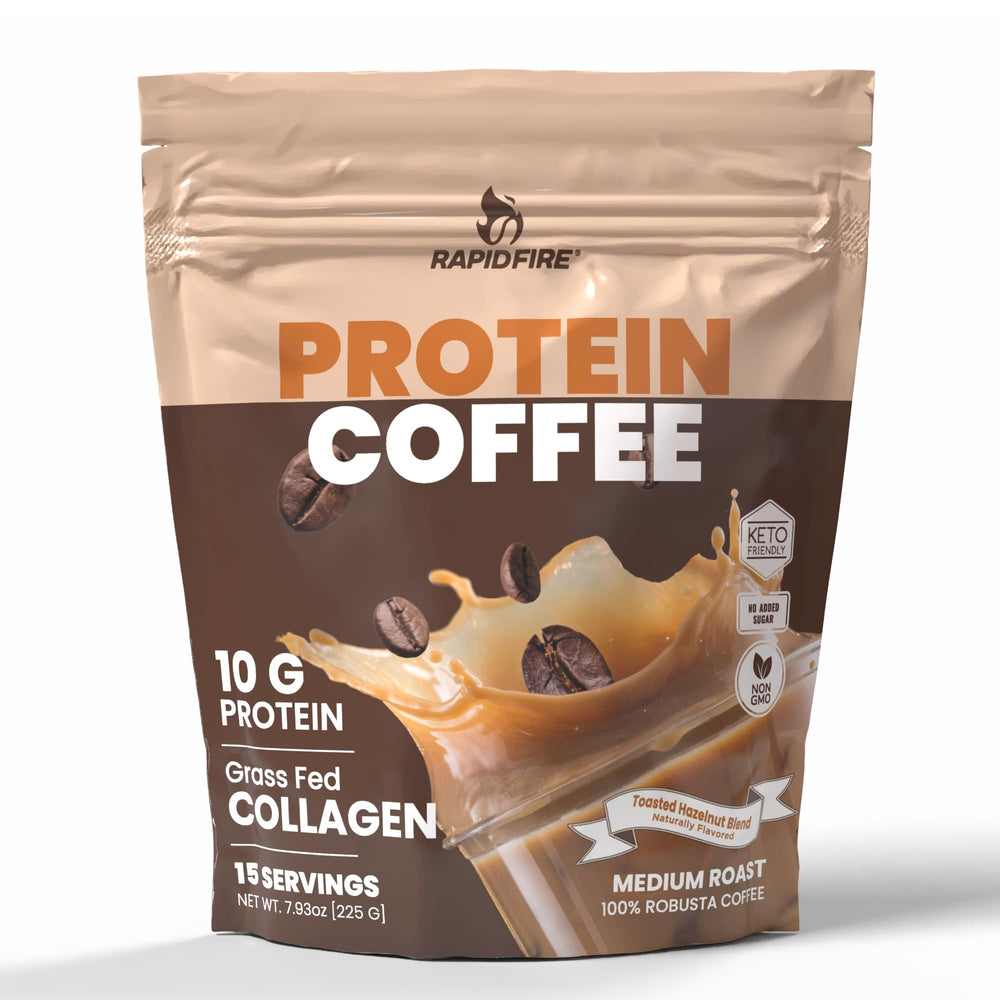 Rapid Fire Protein Coffee Hazelnut cup steaming for a convenient protein boost.