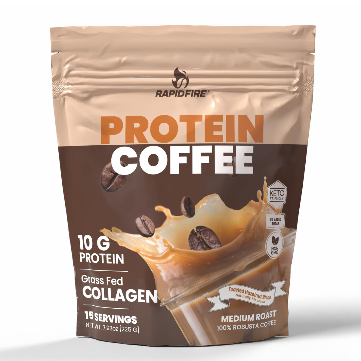 Rapid Fire Protein Coffee Hazelnut cup steaming for a convenient protein boost.