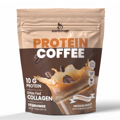 Rapid Fire Protein Coffee Hazelnut cup steaming for a convenient protein boost.