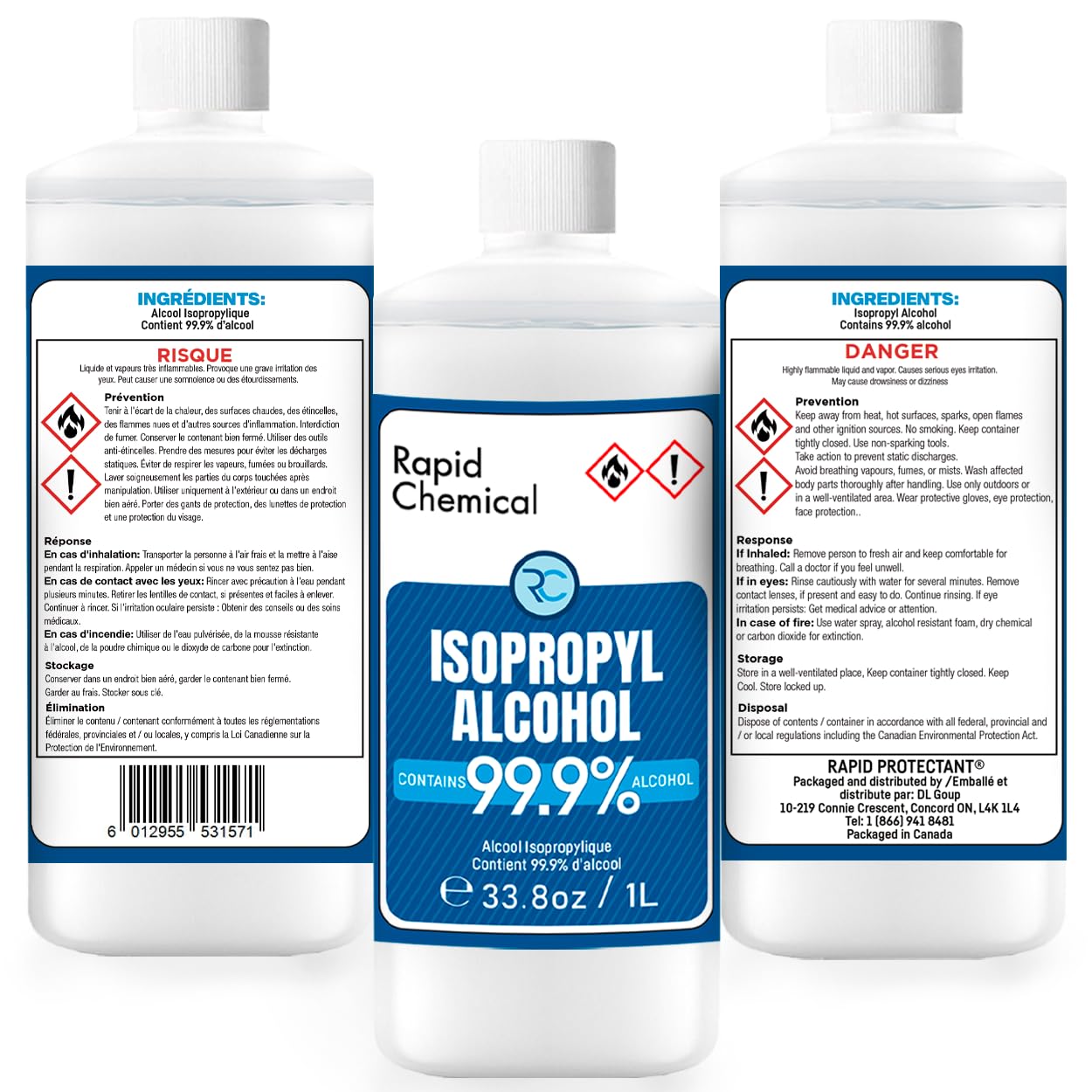 RAPID PROTECTANT 99% IPA gallon-pack visuals indicate bulk sanitation for workplaces and labs.
