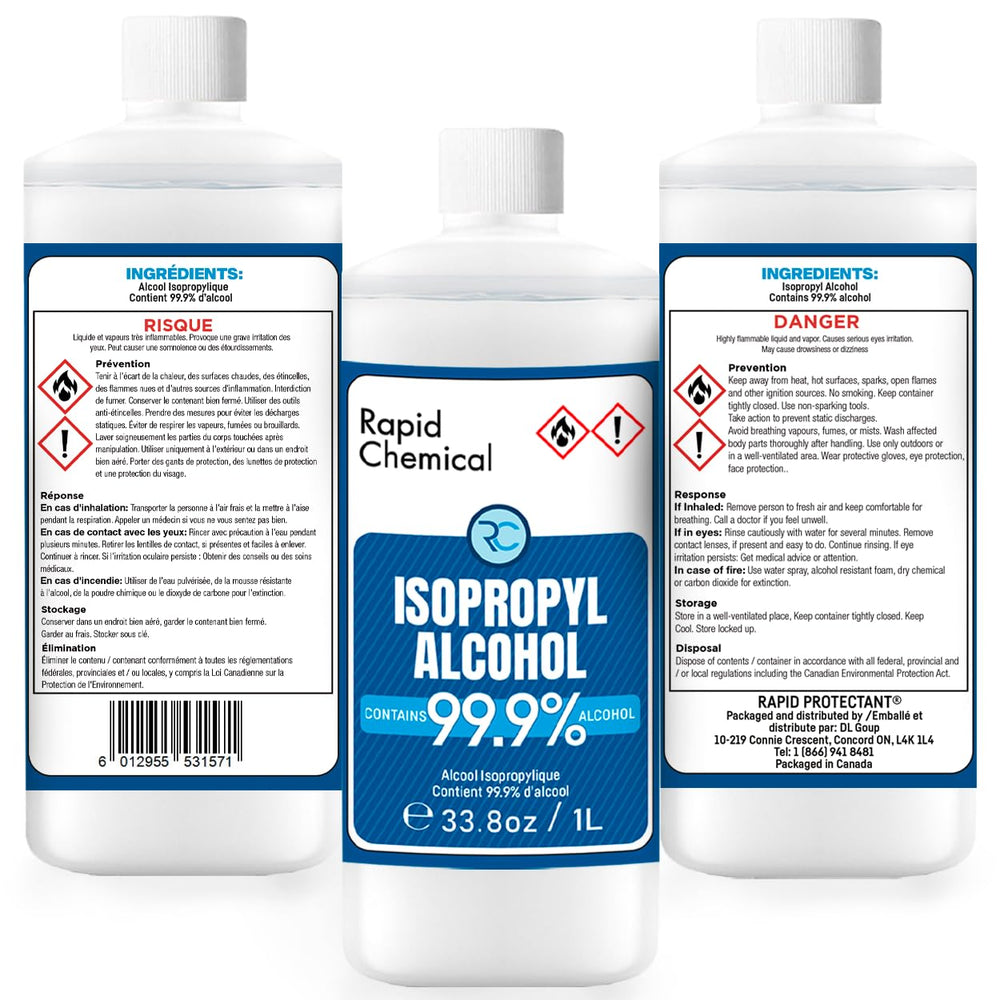 RAPID PROTECTANT 99% IPA gallon-pack visuals indicate bulk sanitation for workplaces and labs.