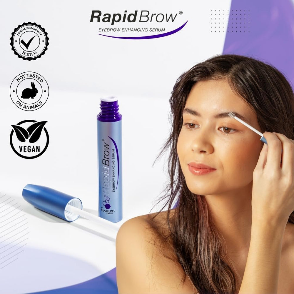 Before-and-after style image suggesting fuller-looking brows over weeks.