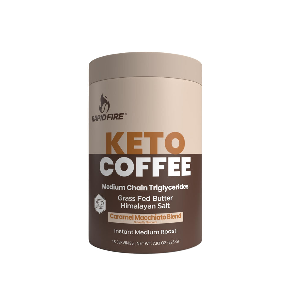 Rapid Fire Keto Coffee Instant Caramel Macchiato pack showing on-the-go energy option.