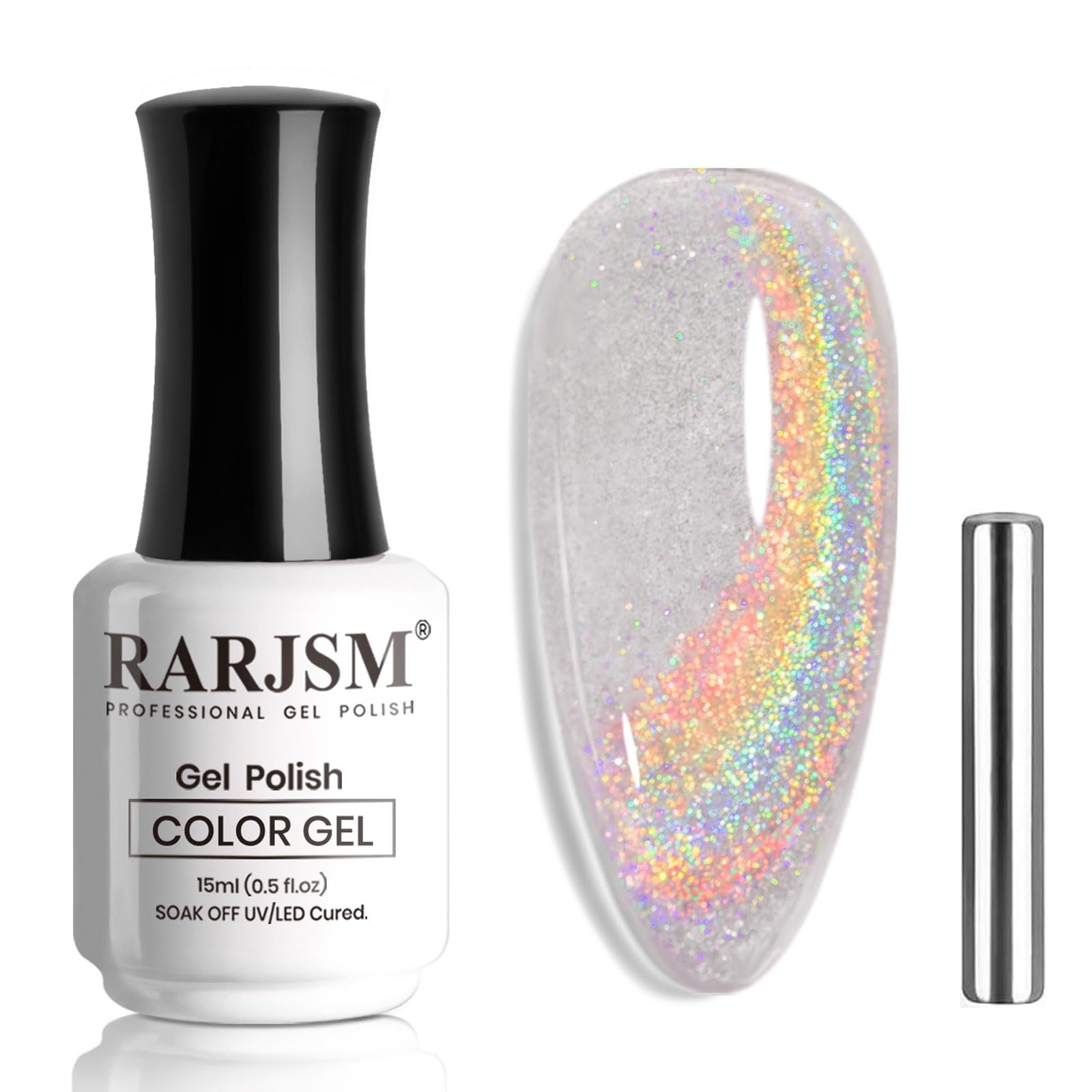RARJSM holographic rainbow cat eye bottle showcases dynamic color shift for eye-catching nails.
