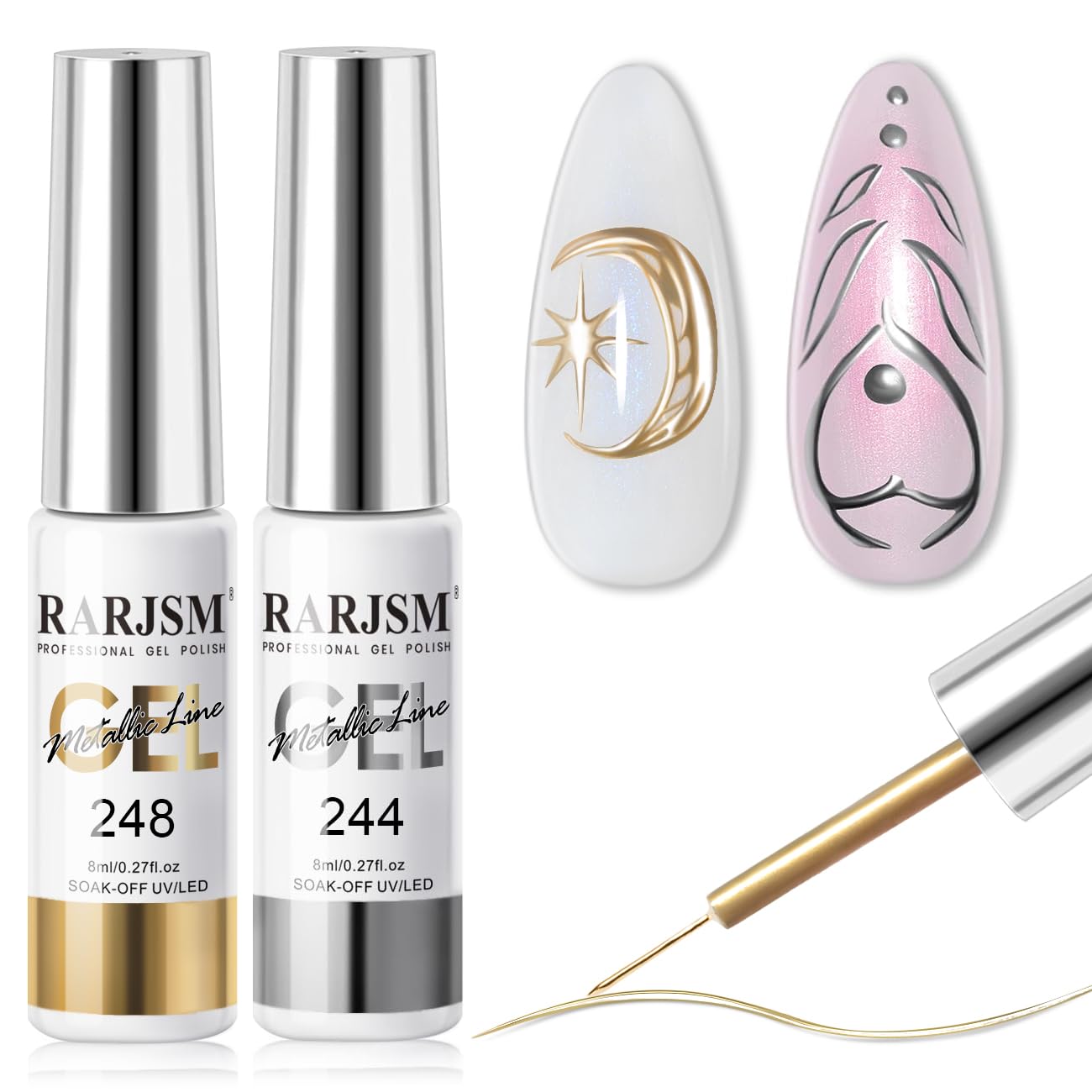 RARJSM silver metallic gel liner for sleek nail art and reflective accents.