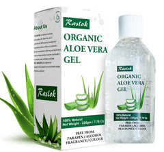 Raslok Aloe Vera Gel bottle pour showing hydration for skin and hair.