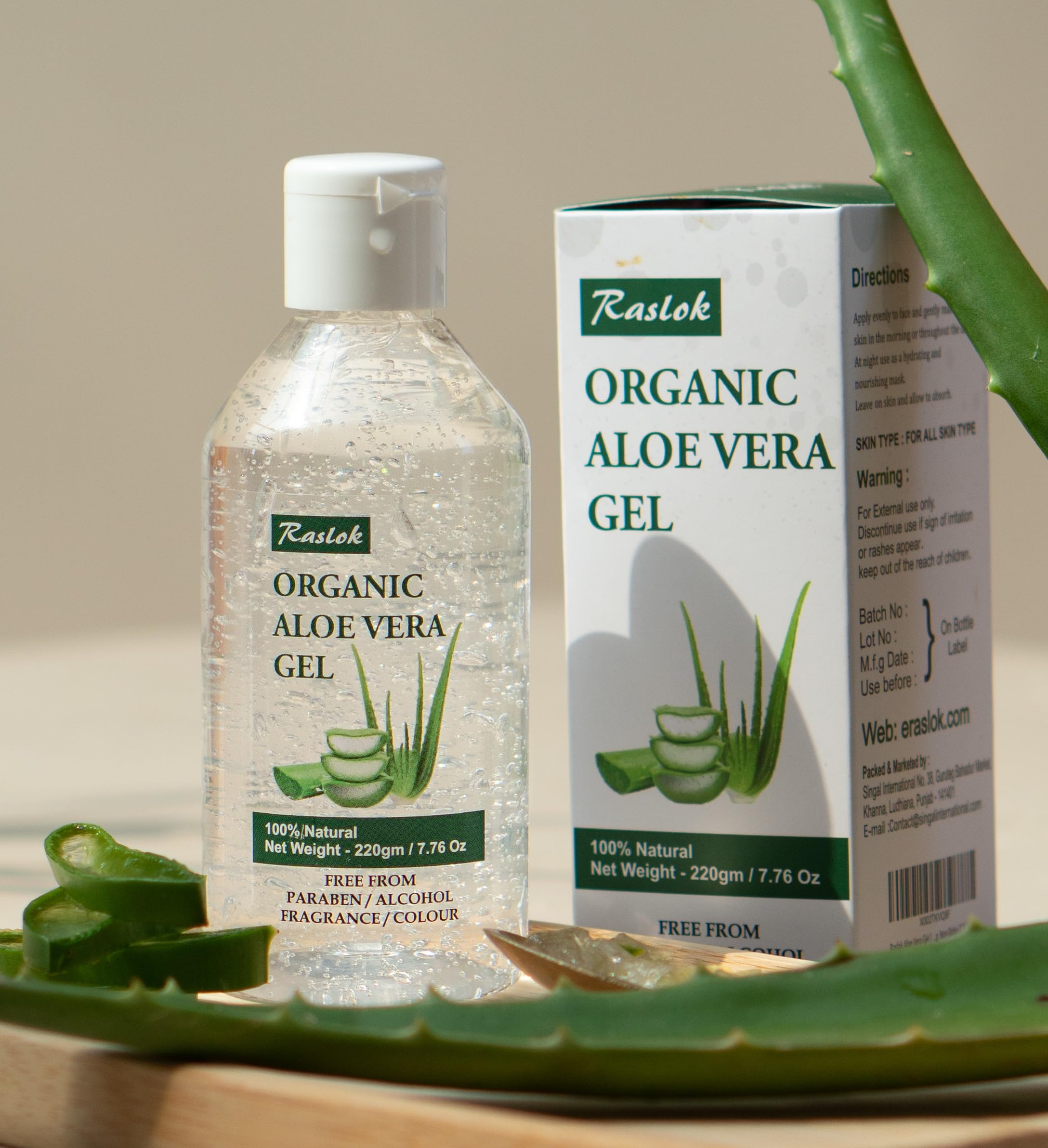 Raslok Aloe Vera Gel packaging and storage for freshness.