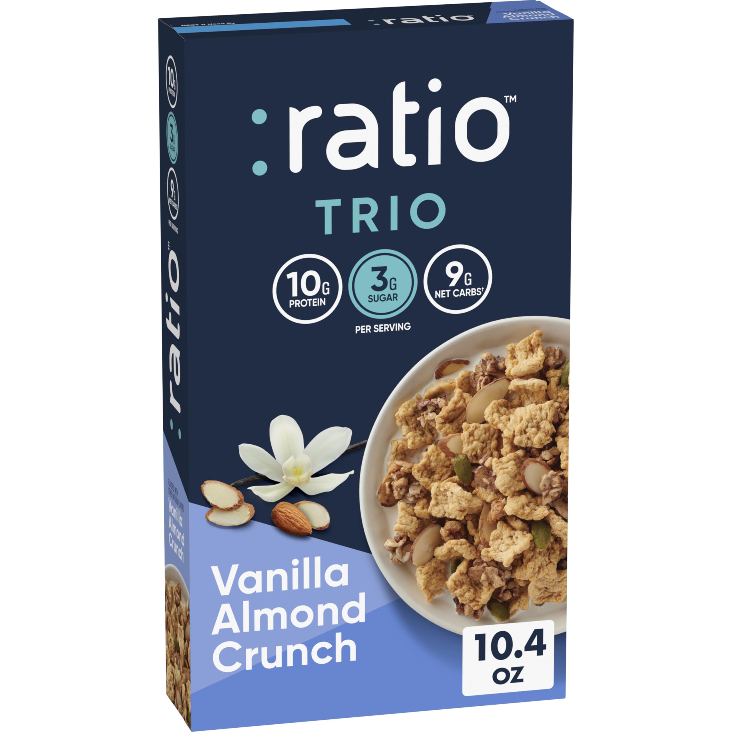 Ratio Trio Vanilla Almond Crunch cereal box showing keto-friendly breakfast option.