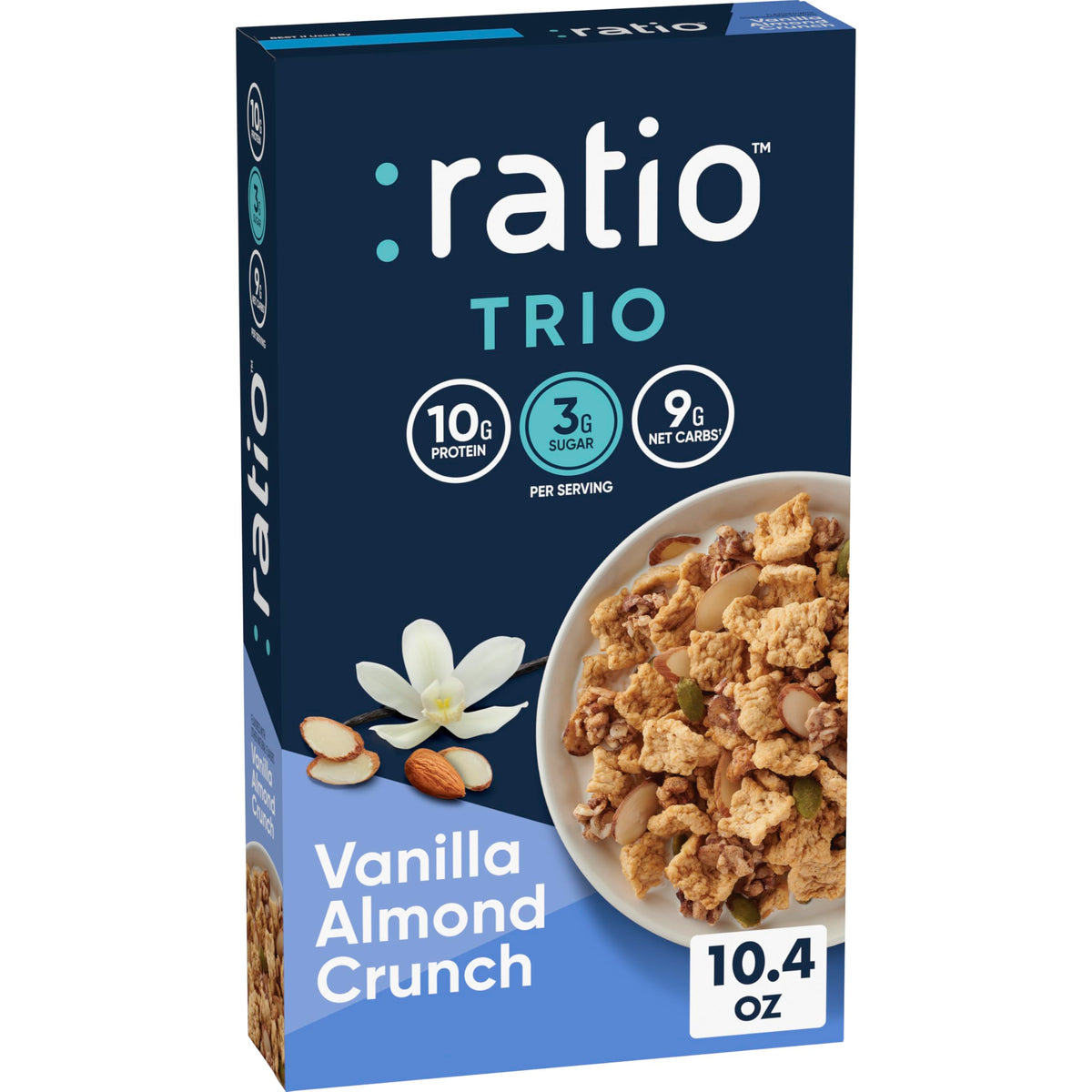 Ratio Trio Vanilla Almond Crunch cereal box showing keto-friendly breakfast option.