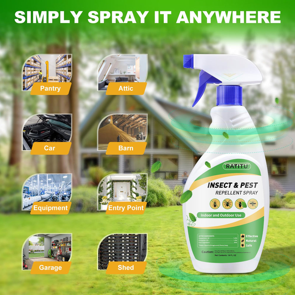 RATITU Peppermint Oil Spray used on basements and patios for pest deterrence.