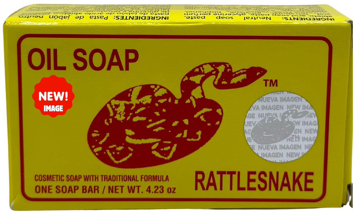 Rattlesnake oil soap packaging shows mineral herbal formula for gentle cleansing.