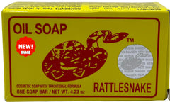 Rattlesnake oil soap packaging shows mineral herbal formula for gentle cleansing.