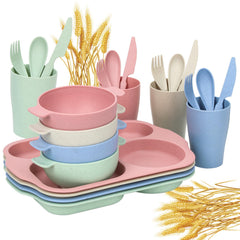 Ratulie 24-piece wheat straw dinnerware set for kids, durable and BPA-free.