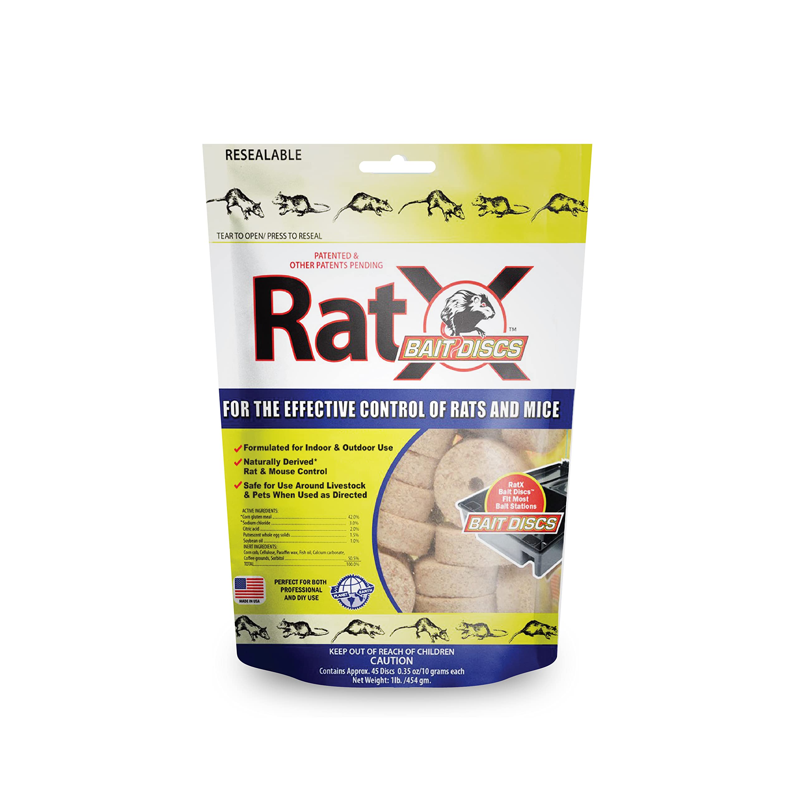 RatX Bait Discs 1lb bag ready for indoor or outdoor placement.