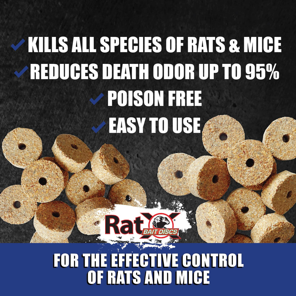 RatX Bait Discs next to safety signage highlighting safe use with pets.