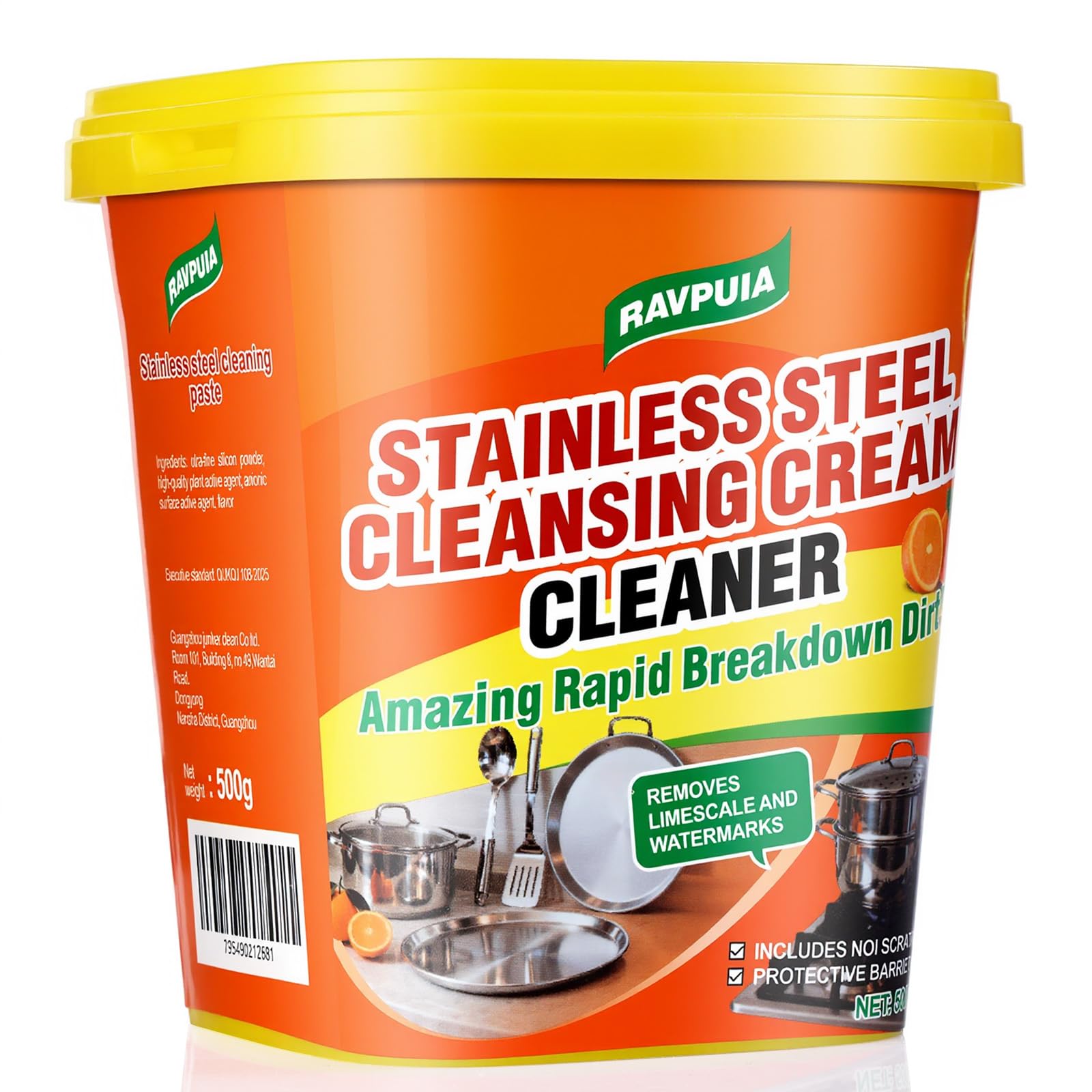 RAVPUIA stainless steel cleaner jar restores shine on cookware and appliances.