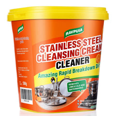 RAVPUIA stainless steel cleaner jar restores shine on cookware and appliances.