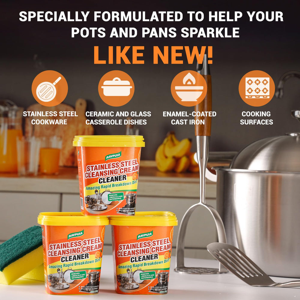 RAVPUIA stainless steel cleaner on stove removes grease and grime.