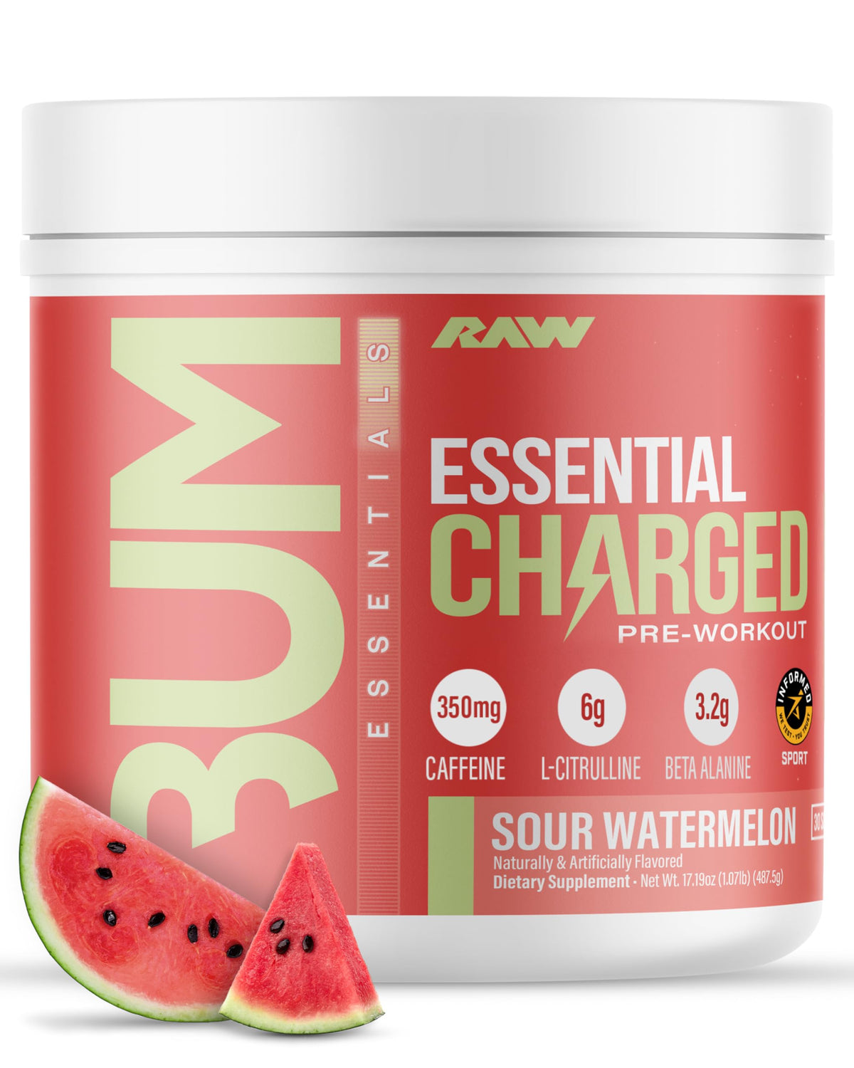 RAW Charged Sour Watermelon bottle front for focused workouts and steady energy.