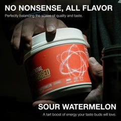 RAW Charged Sour Watermelon jar label highlights premium ingredients and clean formula.