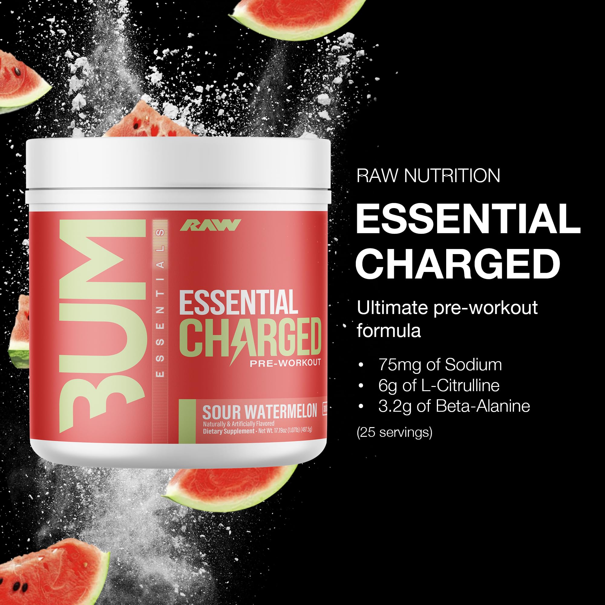 RAW Charged Sour Watermelon scoop dispensing for quick pre-workout servings.