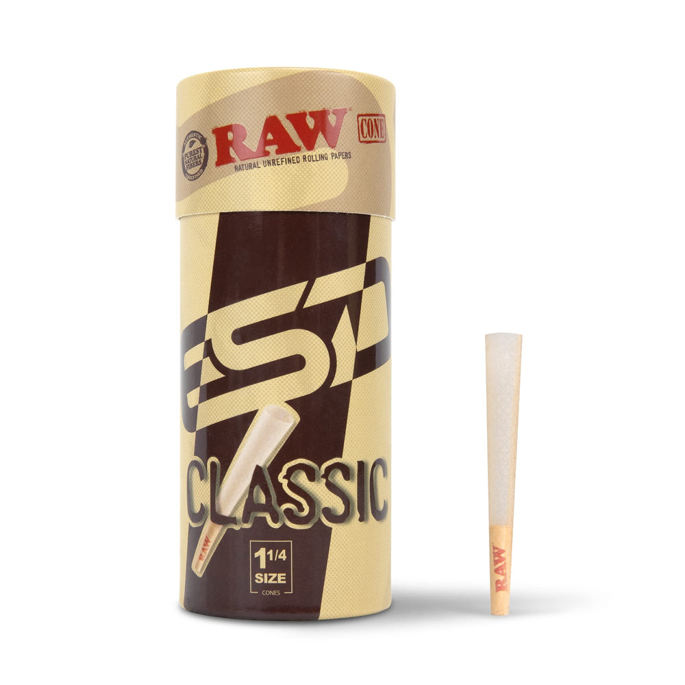 RAW Cones Classic 1-1/4 packaging with tubes included for easy use and storage.