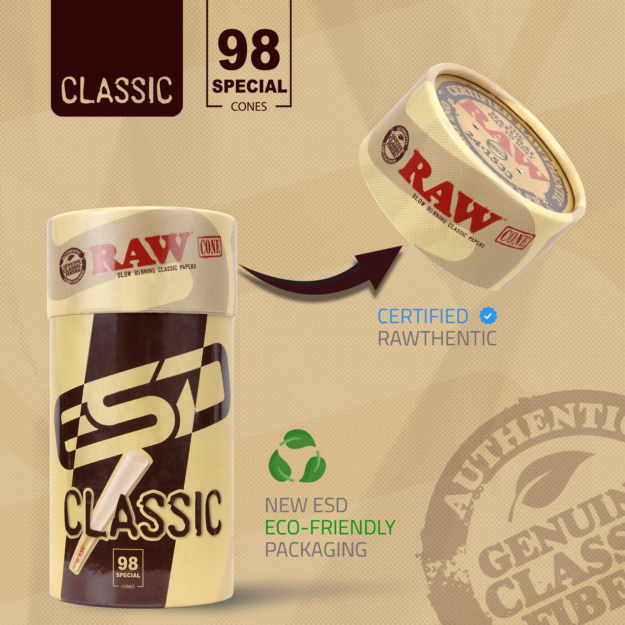 RAW Cones Classic 98 Special natural gum line helps steady burn and flavor.