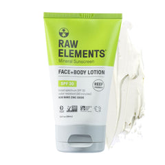 Raw Elements SPF 30 sunscreen tube front view for reef-safe daily protection.