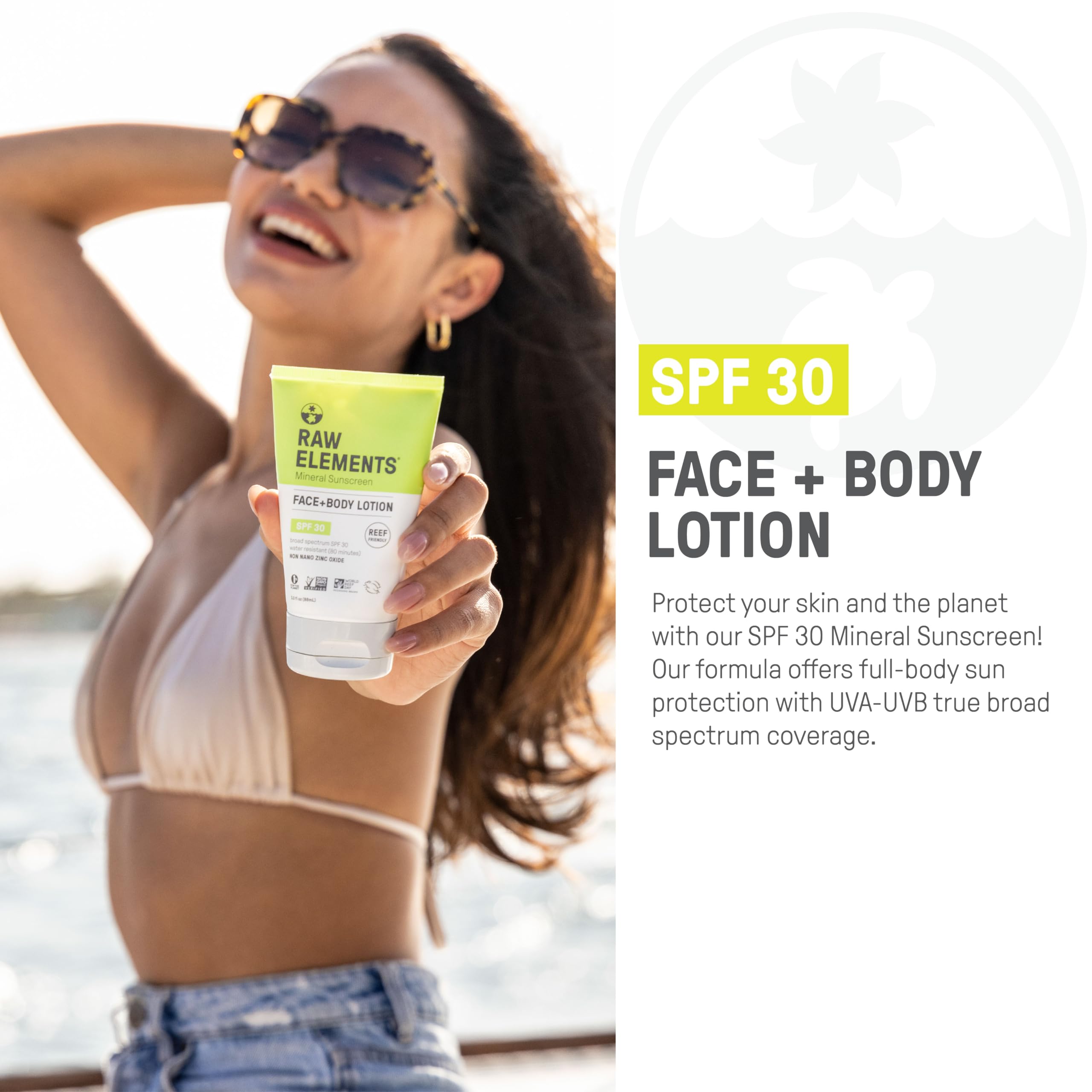 Raw Elements sunscreen in outdoor setting demonstrates 80-minute water resistance.