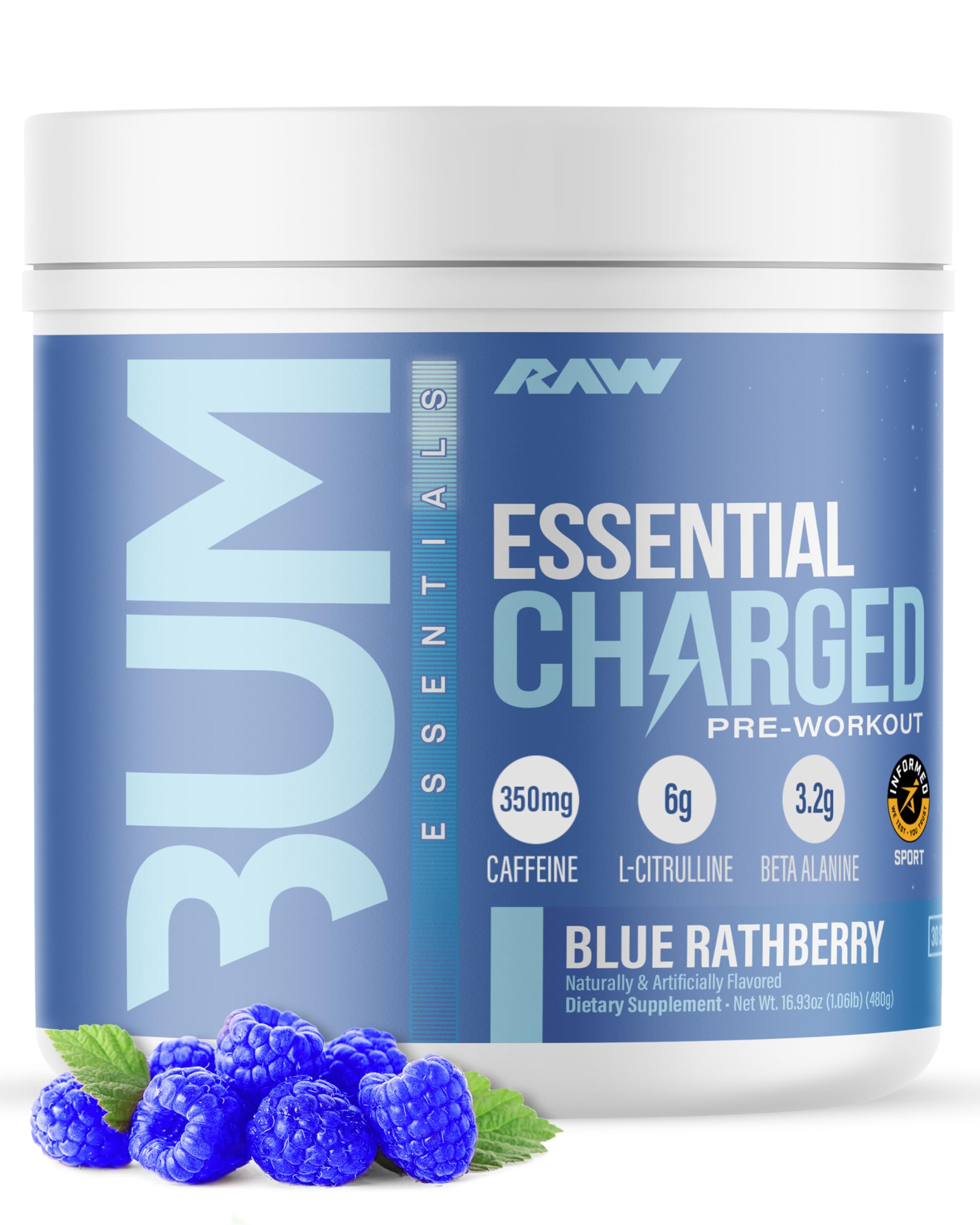 RAW Essential Charged blue raspberry powder bottle for a quick workout energy boost