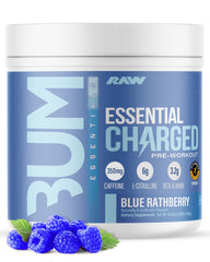 RAW Essential Charged blue raspberry powder bottle for a quick workout energy boost
