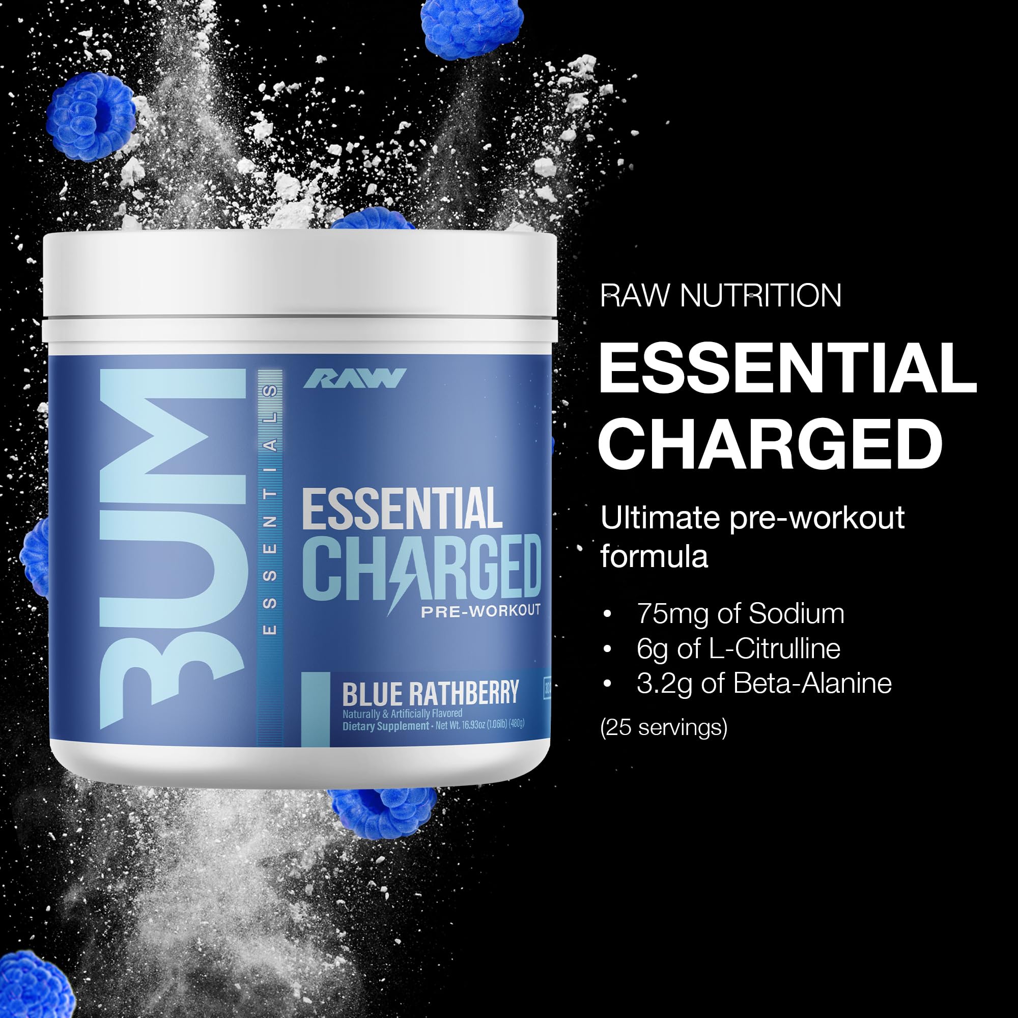 RAW Essential Charged blue raspberry scoop ready to mix a pre-workout boost