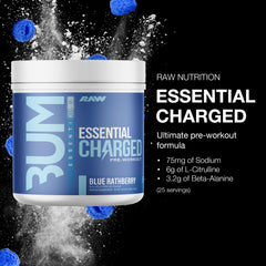 RAW Essential Charged blue raspberry scoop ready to mix a pre-workout boost