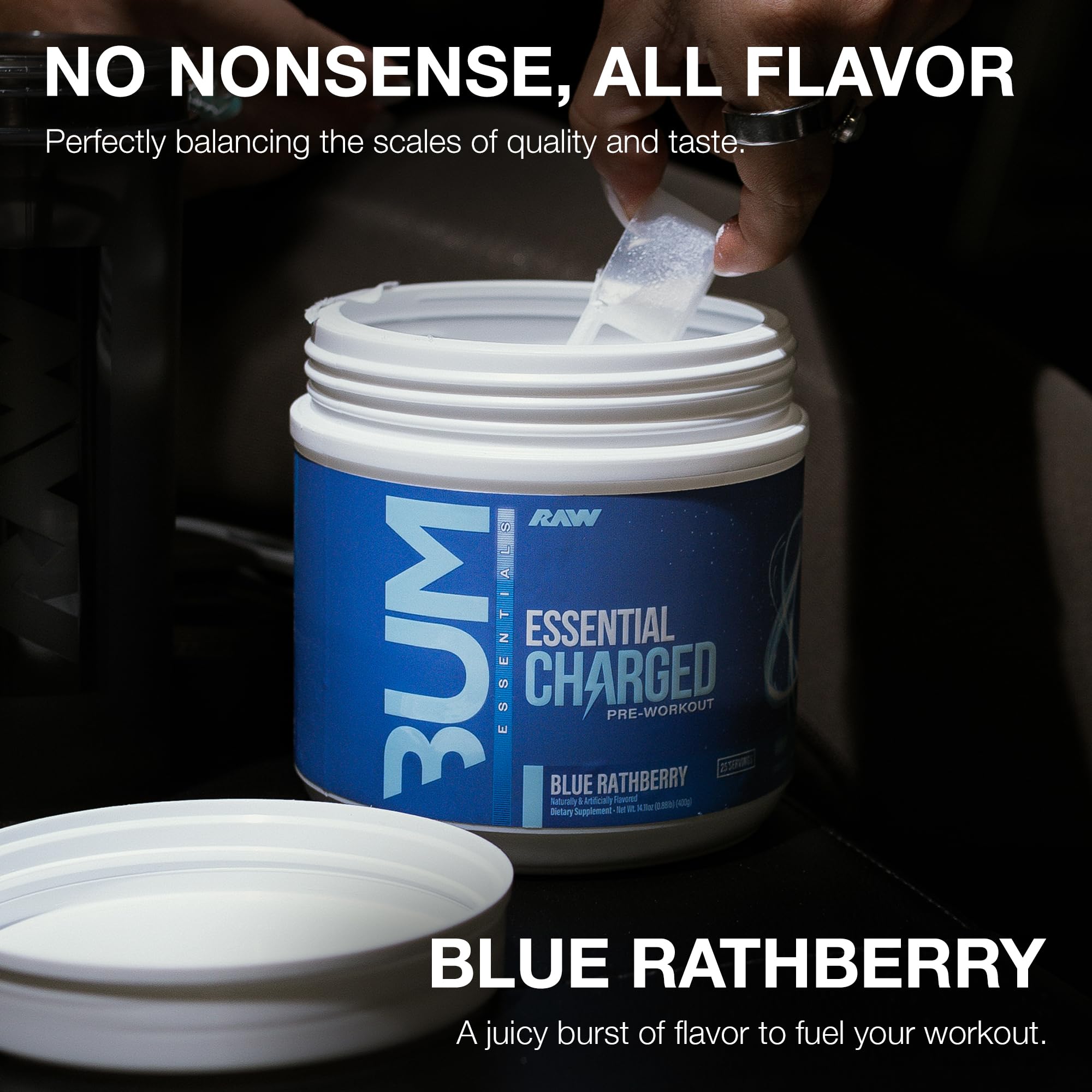 RAW Essential Charged label close-up highlighting pure ingredients and clean formulation