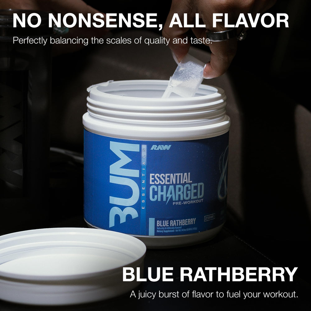RAW Essential Charged label close-up highlighting pure ingredients and clean formulation