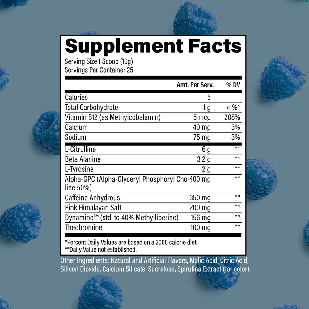 RAW Essential Charged mixed beverage with vibrant blue raspberry flavor for training