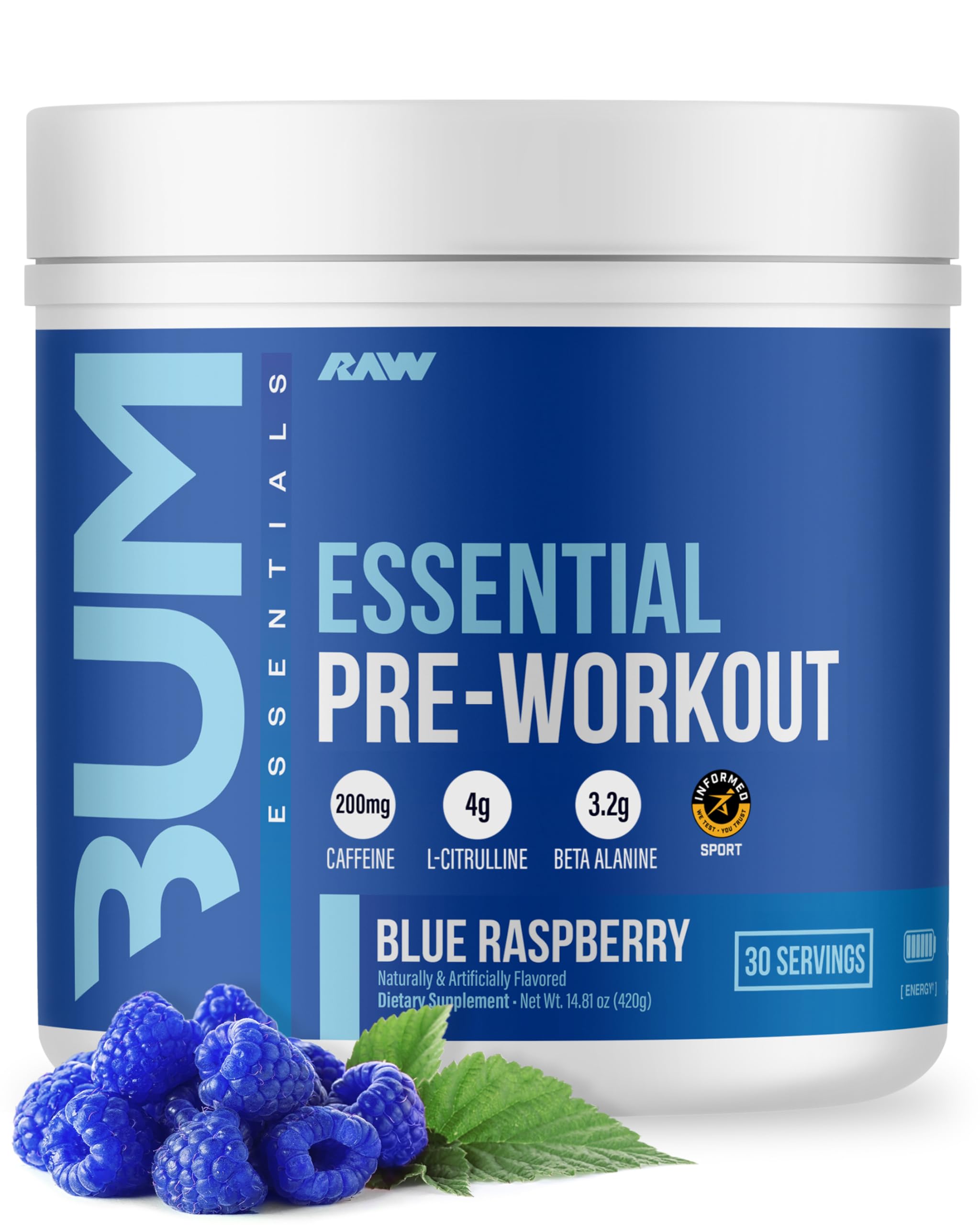 RAW Essential Pre Blue Raz bottle fuels focused workouts with clean energy