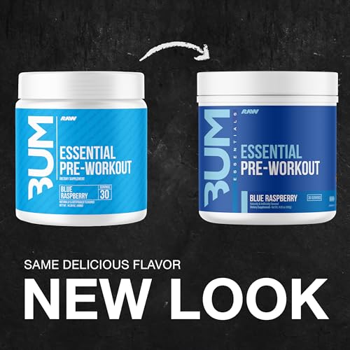 RAW Essential Pre Blue Raz tub highlights 4g L-Citrulline for pumps