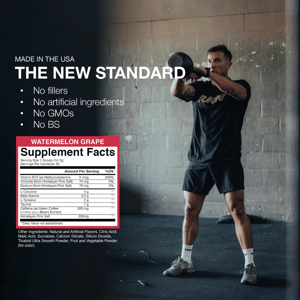 RAW Essential Pre-Workout bottle on shelf ready for daily training energy.